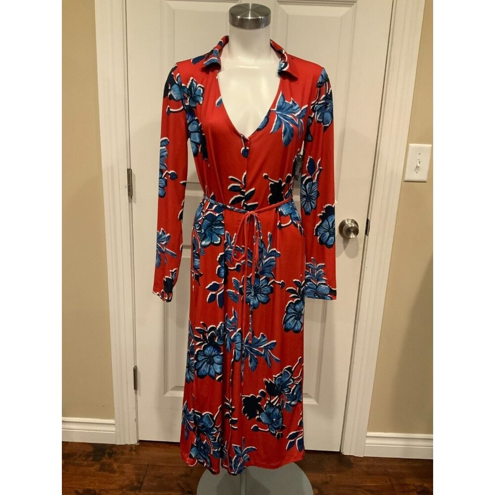 Zara Rust Red & Blue Floral Long Button-Up Collared Dress, Size Small